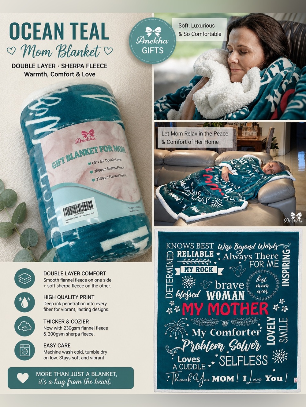 Anekha Mom Sherpa Throw Blanket 60” x 50” Ocean Teal | Soft Double Layer